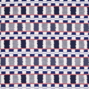May include: A fabric with a repeating pattern of horizontal stripes and vertical blocks. The design features navy blue, gray, white, and coral colors. The pattern is a mix of geometric shapes and lines.