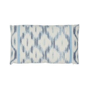 Schumacher Santa Monica Ikat Custom Knife Edge Pillow with Center Border Both Sides shown in China Blue image 5