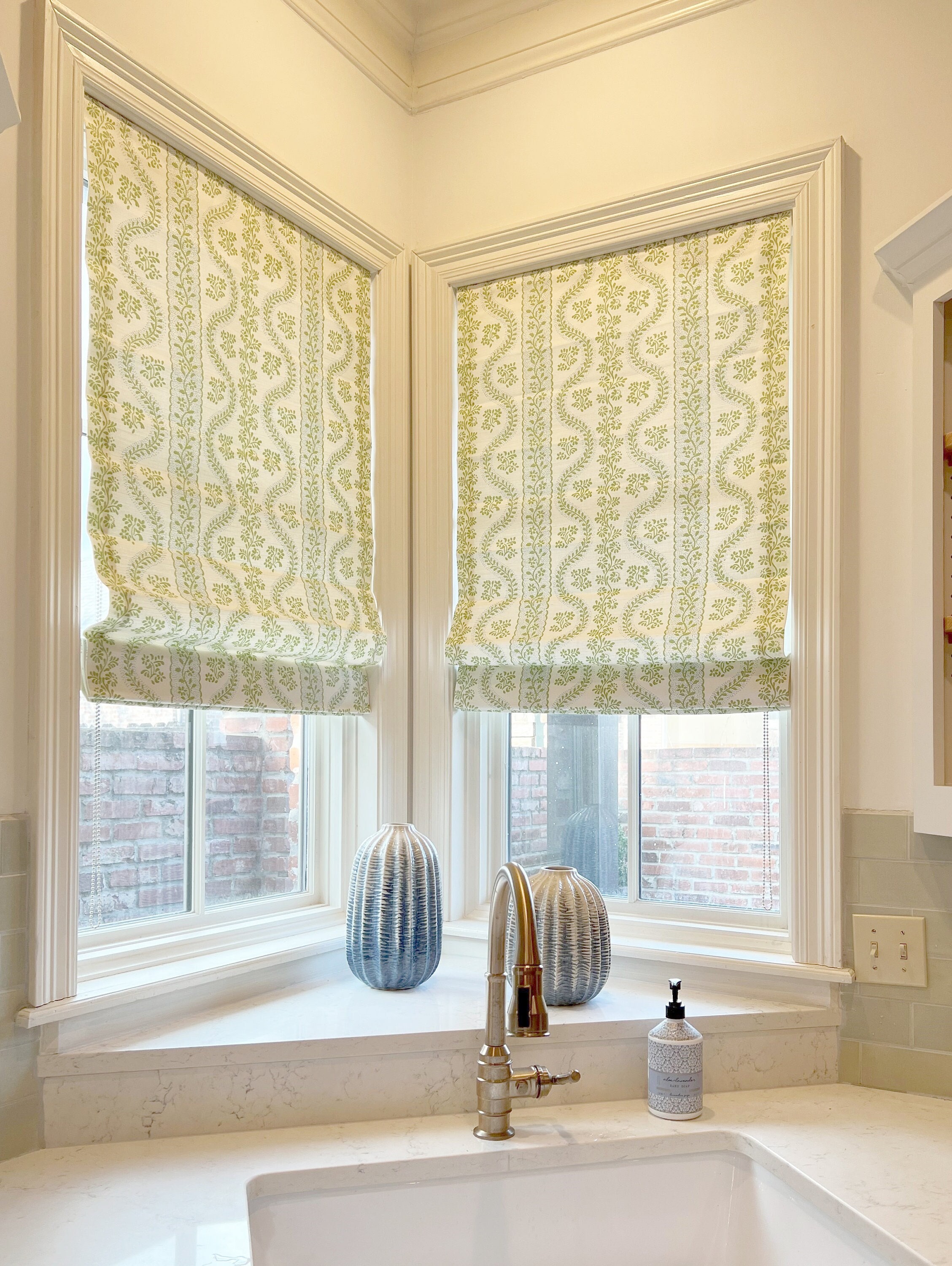 Sister Parish Dolly Custom Roman Shades With Scallop Bottom (shown