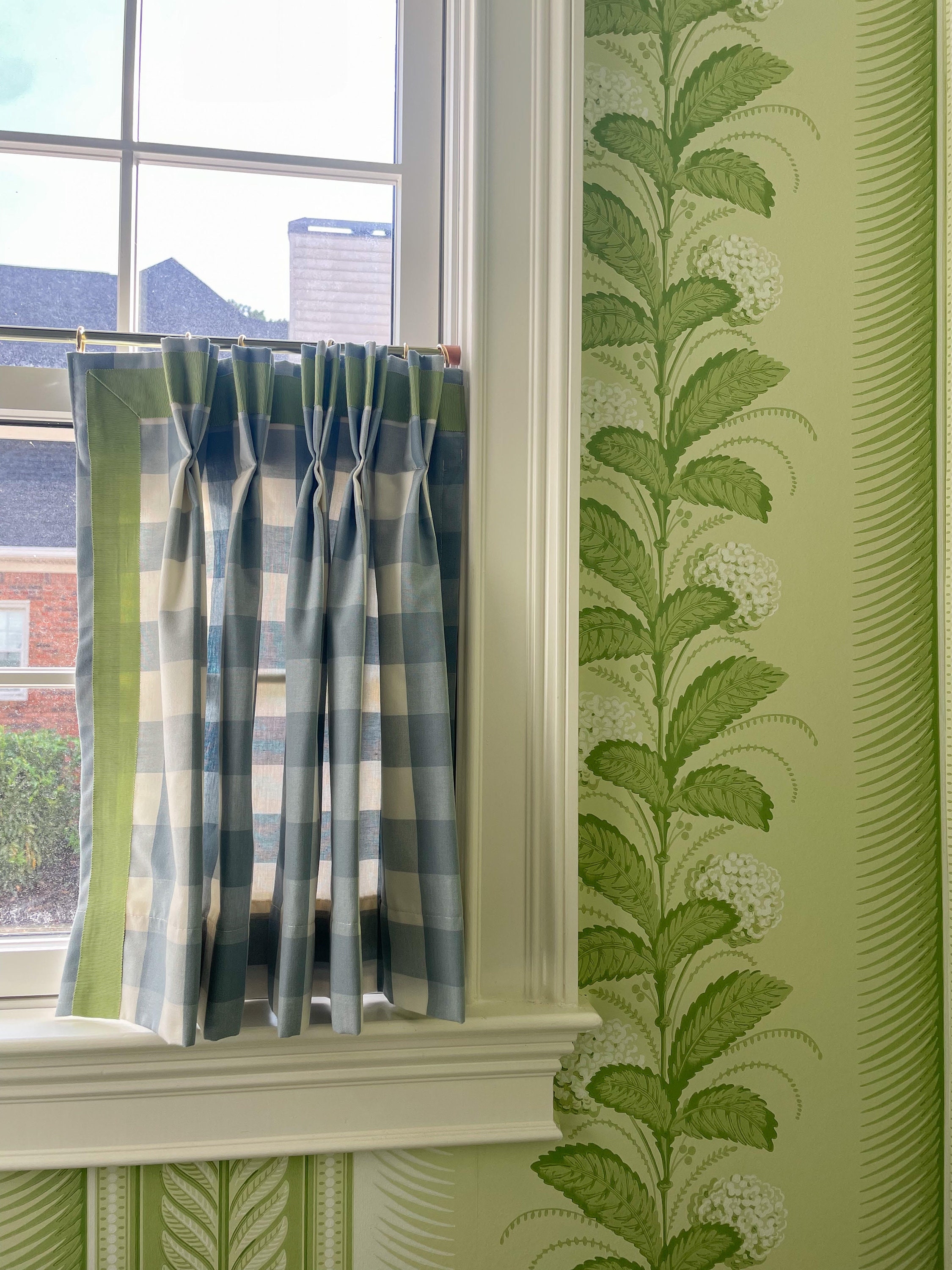 Schumacher Camden Check Custom Cafe Curtains (shown in Sky Blue With
