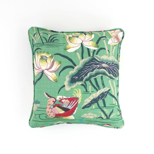 Schumacher Lotus Garden Pillows with Welting (shown in Jade-comes in other colors)