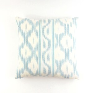 Schumacher Santa Monica Ikat Custom Knife Edge Pillow with Center Border Both Sides shown in China Blue image 2