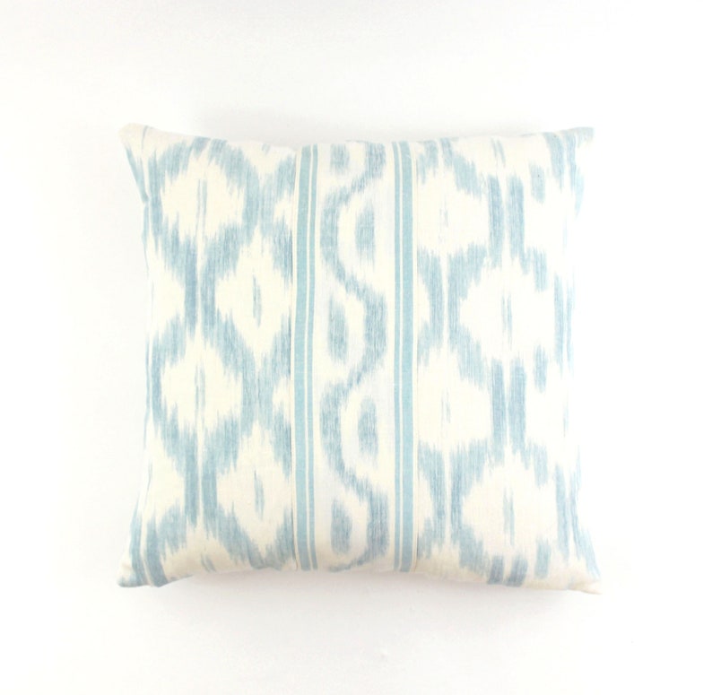 Schumacher Santa Monica Ikat Custom Knife Edge Pillow with Center Border Both Sides shown in China Blue image 2