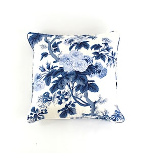 Schumacher Pyne Hollyhock Custom Pillows with Self Welting shown in Indigo (Both Sides - Made To Order)