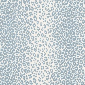 May include: A seamless pattern of blue leopard spots on a white background.