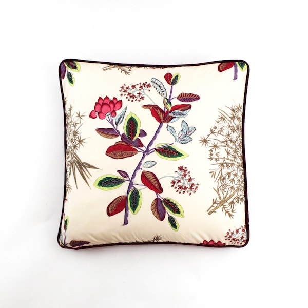 Quadrille Jardins Des Plantes Pillow with Samuel & Sons Swiss Velvet Piping (Both Sides - Made To Order)