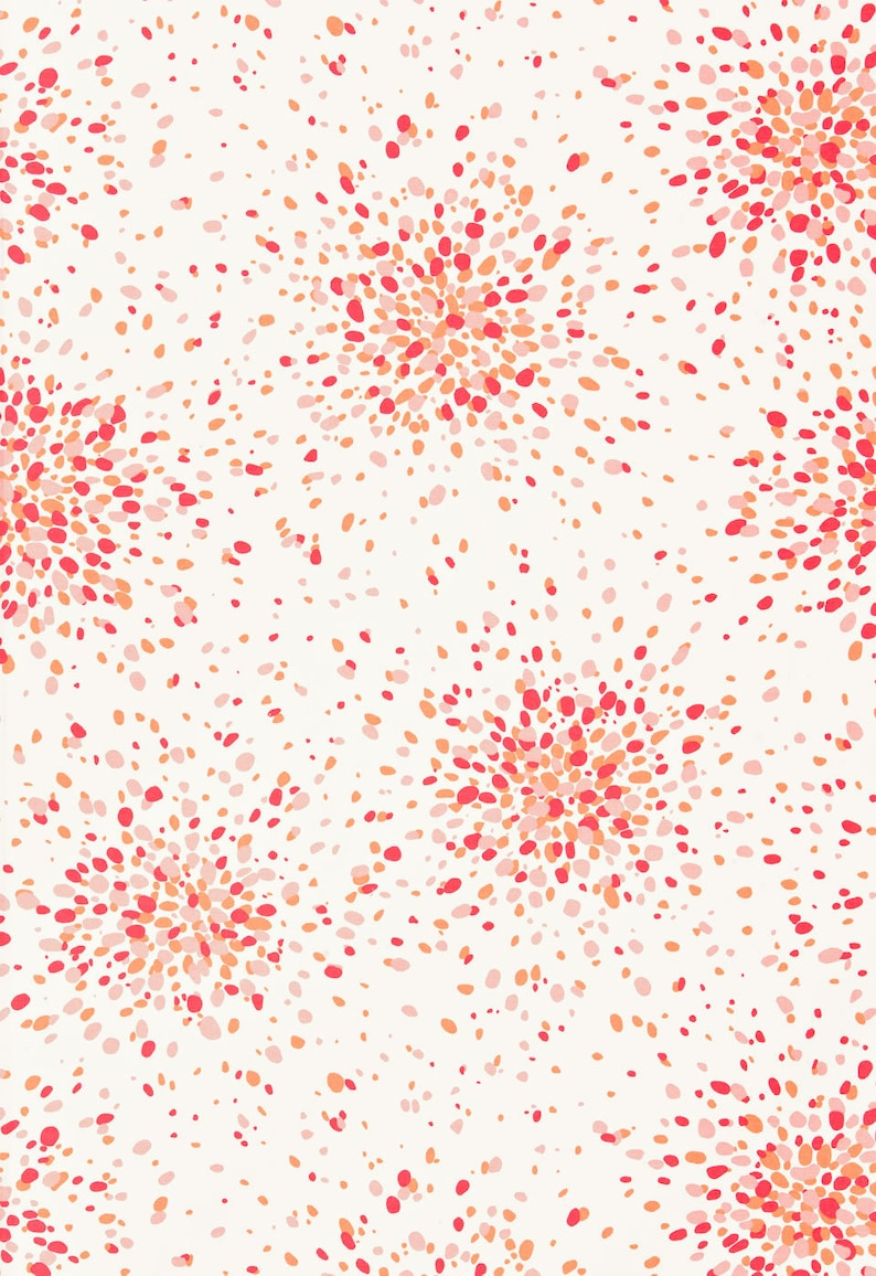 May include: A seamless pattern with a white background and a repeating design of pink, orange, and red confetti bursts.