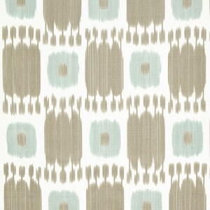 May include: A white fabric with a repeating pattern of brown and light blue geometric shapes. The pattern resembles an ikat design.