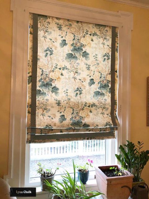 Lee Jofa Althea Linen Custom Roman Shade in Living Room (shown in Citron-Trim is additional cost)