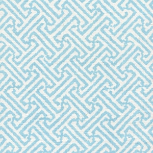 May include: Close-up of a fabric with a repeating geometric pattern in light blue on a white background. The design features interlocking shapes, creating a textured, woven appearance. The overall aesthetic is clean and modern.