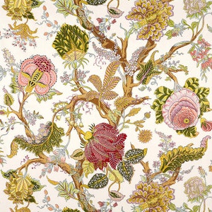 May include: A white background with a repeating pattern of brown branches, green leaves, and pink, red, and yellow flowers.