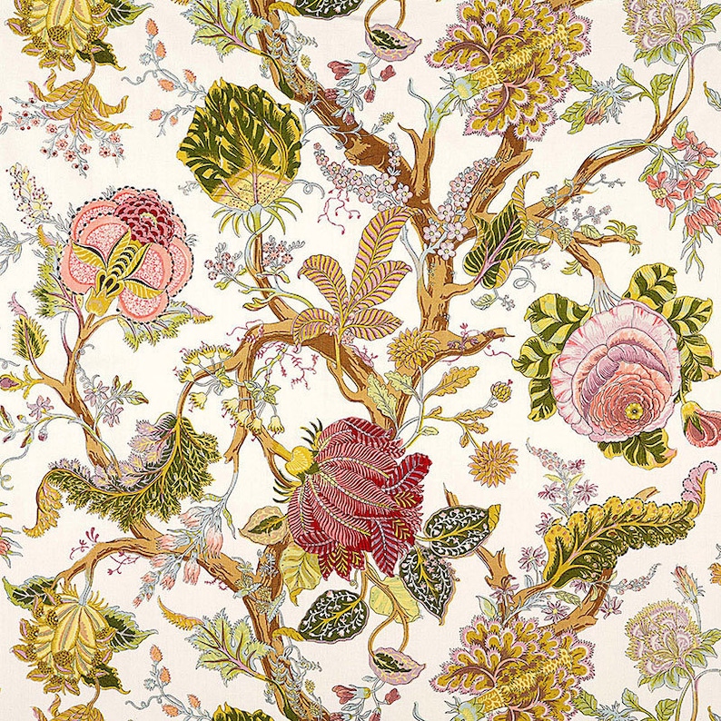 May include: A white background with a repeating pattern of brown branches, green leaves, and pink, red, and yellow flowers.