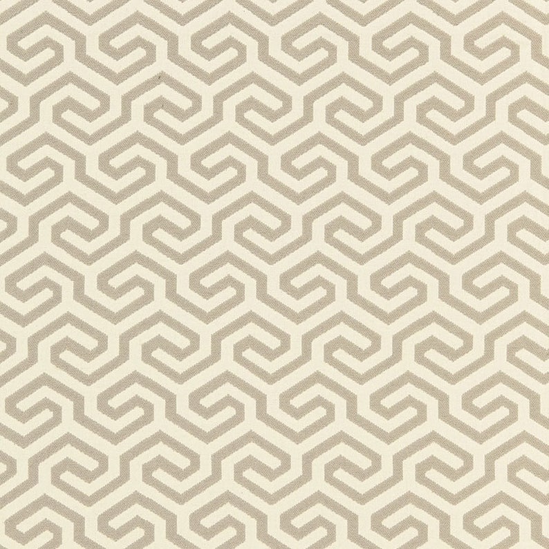 May include: A seamless pattern of beige interlocking geometric shapes on a white background.