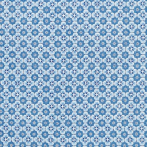 May include: A repeating pattern of blue and white floral designs. The pattern features a grid of stylized flowers in varying shades of blue, with white accents. The overall effect is a classic, decorative design suitable for fabric or wallpaper.