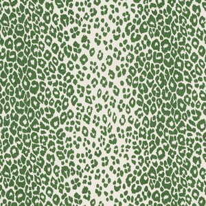 May include: A seamless pattern of green leopard spots on a white background. The spots are of varying sizes and shapes, creating a dynamic and playful design.