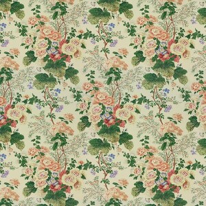 Lee Jofa Althea Cotton Chintz Custom Roman Shade in Living Room (shown in Citron) Blush Cotton Chintz