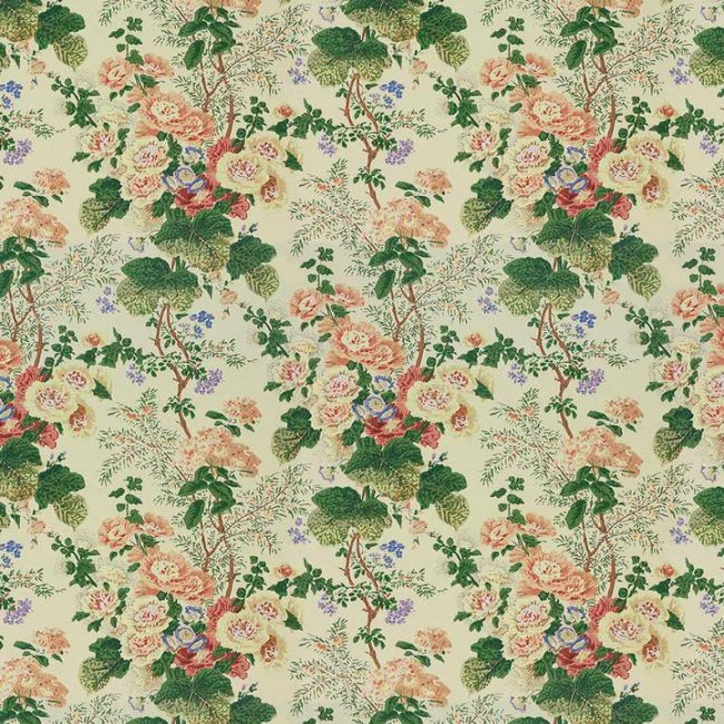 Lee Jofa Althea Cotton Chintz Custom Roman Shade in Living Room (shown in Citron) Blush Cotton Chintz