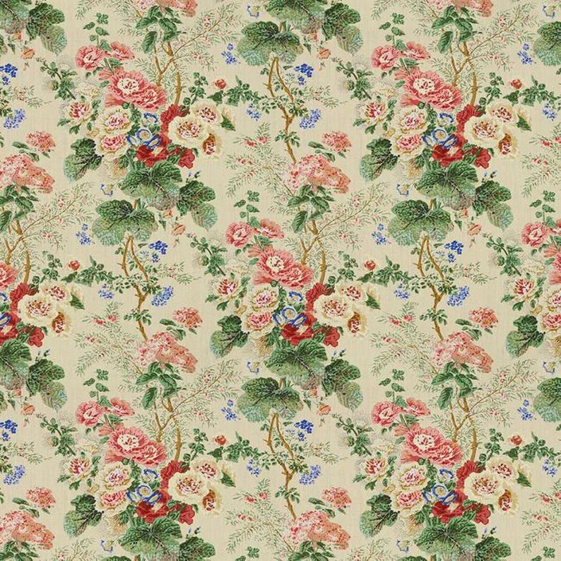 Lee Jofa Althea Cotton Chintz Custom Roman Shade in Living Room (shown in Citron) Pink Green Linen
