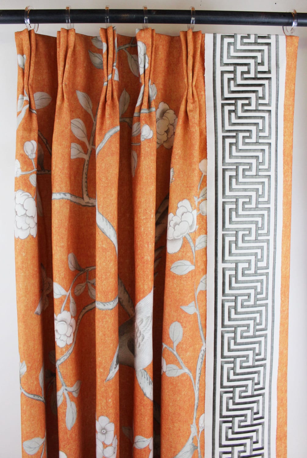 Schumacher Mary McDonald Chinois Palais Pleated Drapes with Labyrinth Tape (shown in Tangerine-comes in other colors)