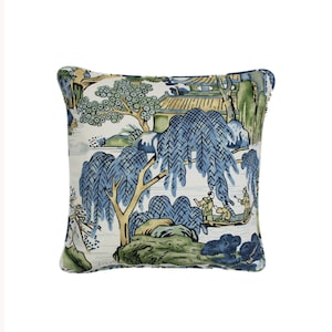 Thibaut Asian Scenic Pillow with or without Self Welting (Both Sides - Made To Order) Shown in Blue/Green