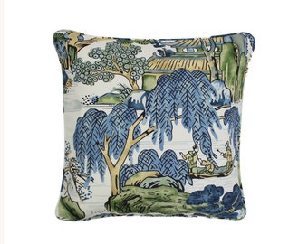 Thibaut Asian Scenic Pillow with or without Self Welting (Both Sides - Made To Order) Shown in Blue/Green
