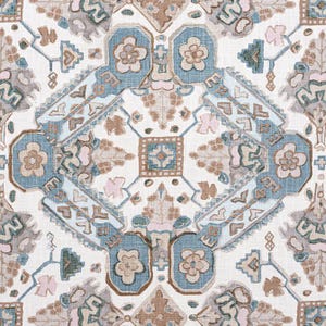 May include: A fabric textile featuring a repeating geometric pattern in shades of dusty blue, muted brown, soft pink, and cream. The design includes stylized floral motifs, diamond shapes, and intricate line work printed on a textured surface.