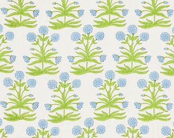 ON SALE - 2 Yard Remnant Schumacher Mughal Hand Block Sky/Pistachio (Or Custom Roman Shade or Pillows)