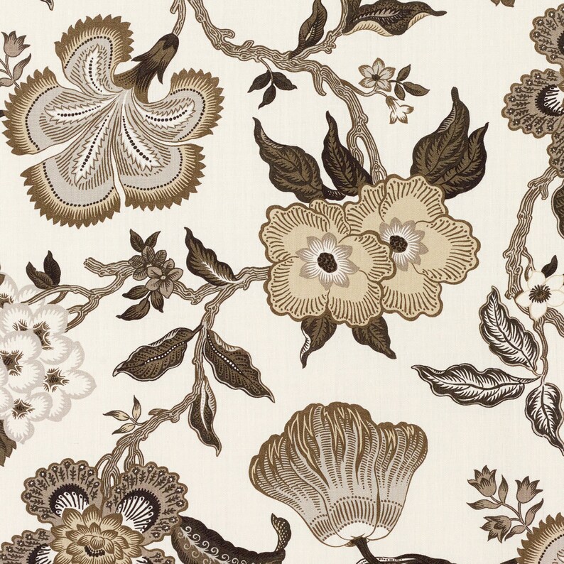 May include: A white background with a brown floral pattern. The flowers are stylized and have a vintage look. The pattern is repeated throughout the image.