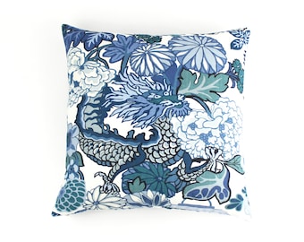 Schumacher Chiang Mai Dragon Custom Pillow with Self Welting -Both Sides (Shown in China Blue-Comes in 12 Colors)