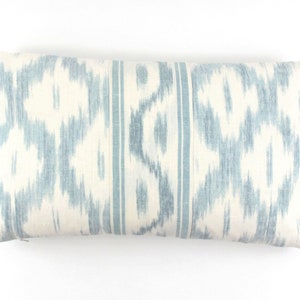 Schumacher Santa Monica Ikat Custom Knife Edge Pillow with Center Border Both Sides shown in China Blue image 3