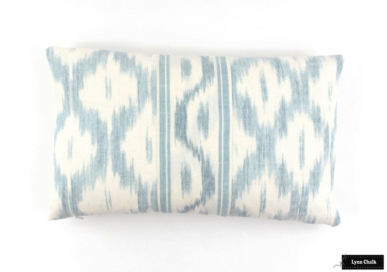 Schumacher Santa Monica Ikat Custom Knife Edge Pillow with Center Border Both Sides shown in China Blue image 3