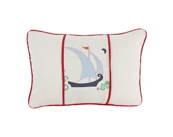 ON SALE -  Katie Ridder Beetlecat Pillow in Lavender Blue on Linen with Red or Navy Welting (Made To Order)