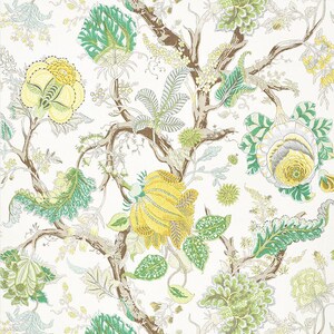 May include: A white background with a repeating pattern of green and yellow floral designs. The design features stylized flowers, leaves, and branches.