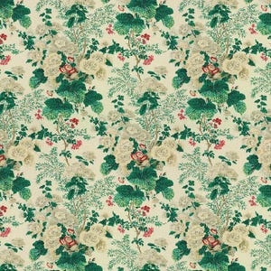 May include: A floral pattern featuring cream-colored roses, red buds, and green foliage on a cream background. The design includes detailed leaves and branches, creating a classic, botanical aesthetic. The repeating pattern is suitable for fabric or wallpaper.