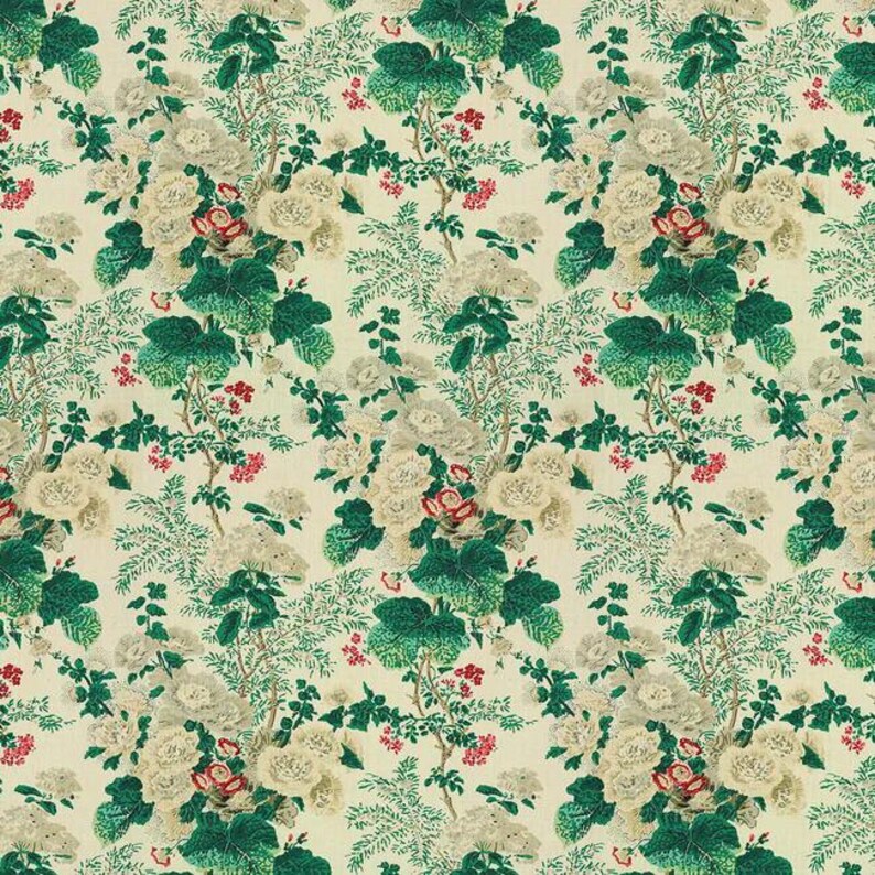May include: A floral pattern featuring cream-colored roses, red buds, and green foliage on a cream background. The design includes detailed leaves and branches, creating a classic, botanical aesthetic. The repeating pattern is suitable for fabric or wallpaper.