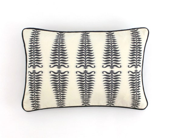 Schumacher Fern Tree Pillows in Noir Creme With Black Welting both