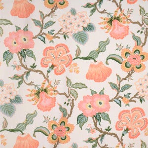 May include: A seamless pattern featuring a repeating design of pink and orange flowers with green leaves on a white background.