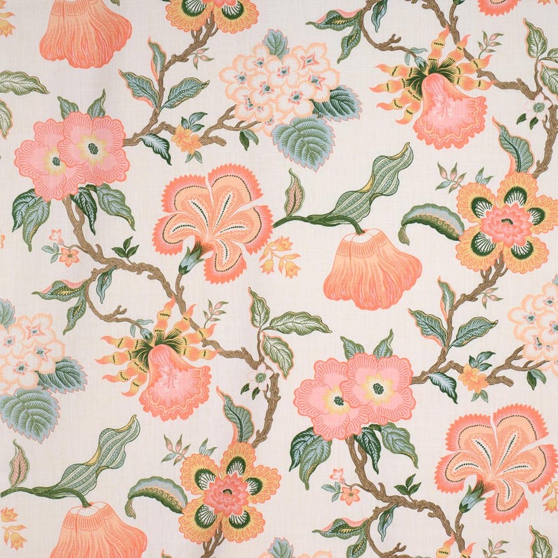 May include: A seamless pattern featuring a repeating design of pink and orange flowers with green leaves on a white background.