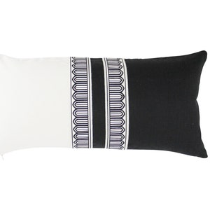 ON SALE - Custom 12 X 24 Pillow in Natural Hemp and Black Linen with Schumacher Arches Embroidered Tape Black/White on Front