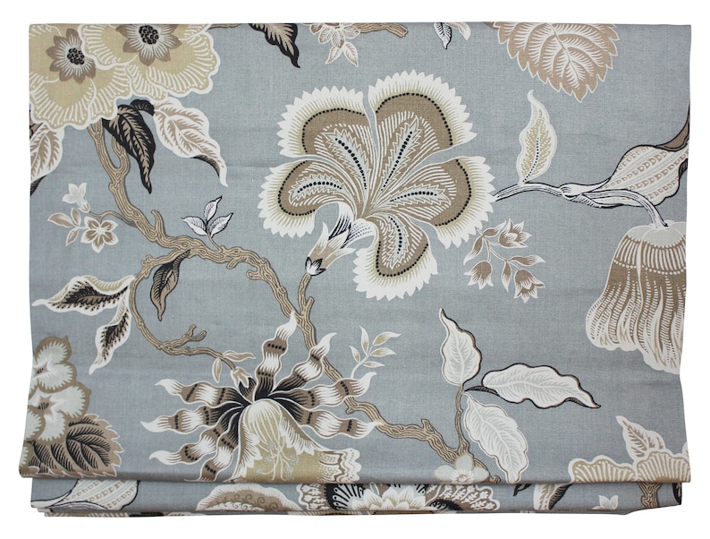 May include: A gray fabric with a floral pattern in shades of brown and beige. The flowers are stylized and have a vintage feel.