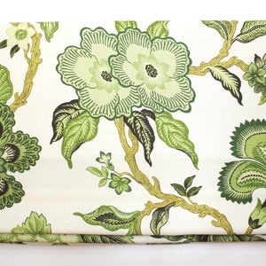 May include: Green floral fabric with a white background. The fabric features a repeating pattern of stylized flowers and leaves.