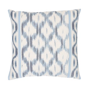 Schumacher Santa Monica Ikat Custom Knife Edge Pillow with Center Border Both Sides shown in China Blue image 4
