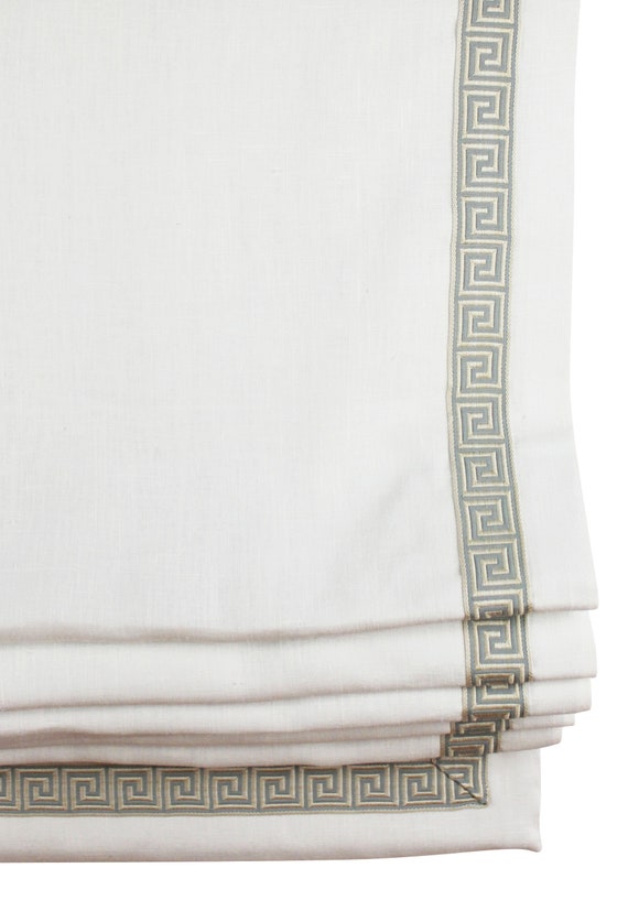 Kravet Dublin Linen Cream Roman Shade with Samuel and Sons Aristotle Greek Key Trim (shown in Blue Haze-comes in many colors)