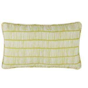 May include: A yellow and white striped throw pillow with a subtle geometric pattern.
