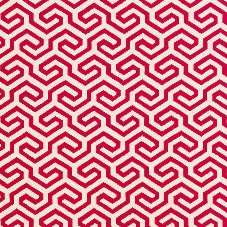 May include: A seamless pattern of interlocking geometric shapes in a red and white color scheme. The pattern is made up of repeating squares and rectangles, creating a complex and intricate design.