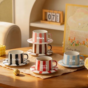 Personalized Retro Striped Coffee Cup Saucer Set Custom Engraved Ceramic Mug Vintage Vertical Stripe Tea Cup Handmade Gift for Dad