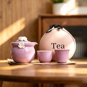 Può includere: Un servizio da tè in ceramica lilla con una teiera, due tazze e una custodia rosa. La teiera ha un motivo floreale sul coperchio e sul lato. Sulla custodia è stampata la parola "Tea".