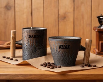Large Rustic Ceramic Mug Wooden Handle Handmade Gold Iron Glaze Coffee Tea Cup Embossed Stoneware Vintage Big Capacity Mug