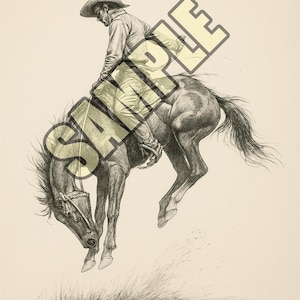 Vintage Cowboy Rodeo Printable Art | Western Bucking Bronco Sketch | Rustic Ranch Wall Decor | Cowboy Wall Art Download