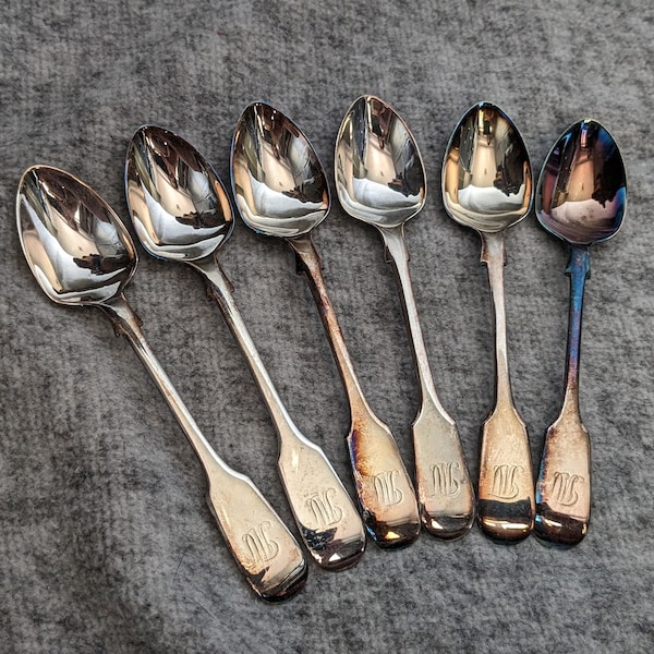 Antique Demi Tasse Spoons Silver Plate Set of 6 Monogrammed TM, 4.75 Inches